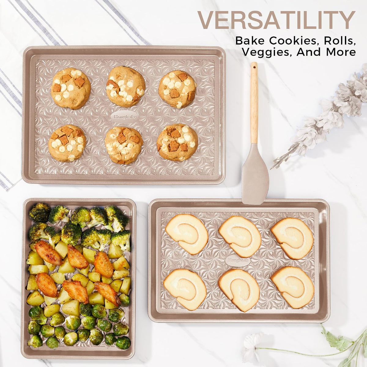 Juego de 3 bandejas antiadherentes para horno, bandejas de horno no tóxicas de medio cuarto/gelatina con textura de remolino floral, bandejas de horno resistentes de 0.031 in de grosor para