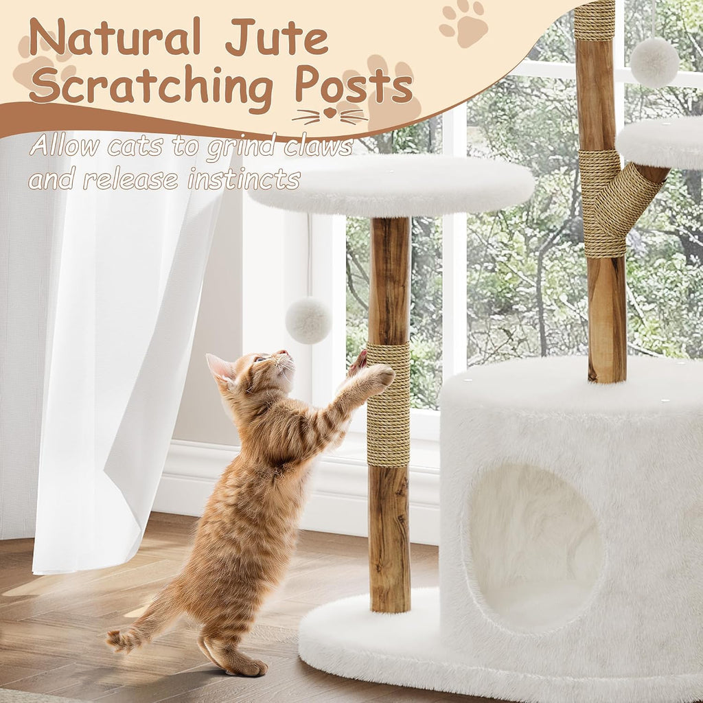 Garvee Torre de árbol de madera para gatos, interior y apartamento de mimbre natural con columna de captura de gatos y cama, marco de árbol estético