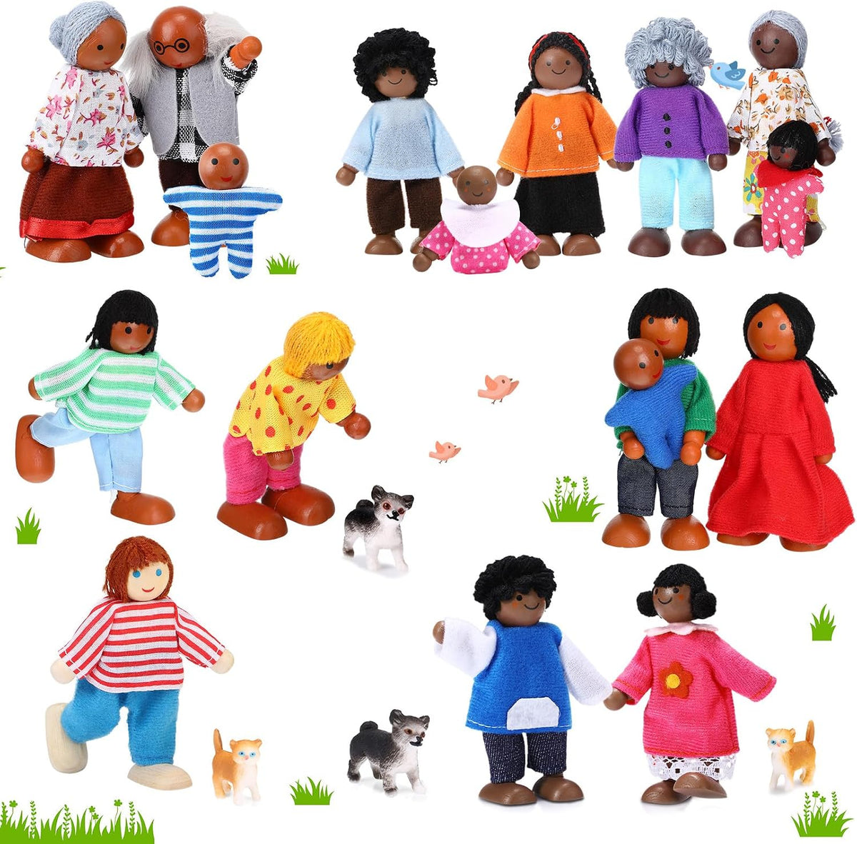 Juego familiar de casa de muñecas de madera de 20 piezas, 16 mini figuras
