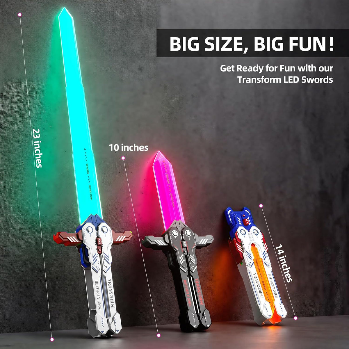 Paquete de 2 espadas iluminadas transformadoras para niños, juguetes