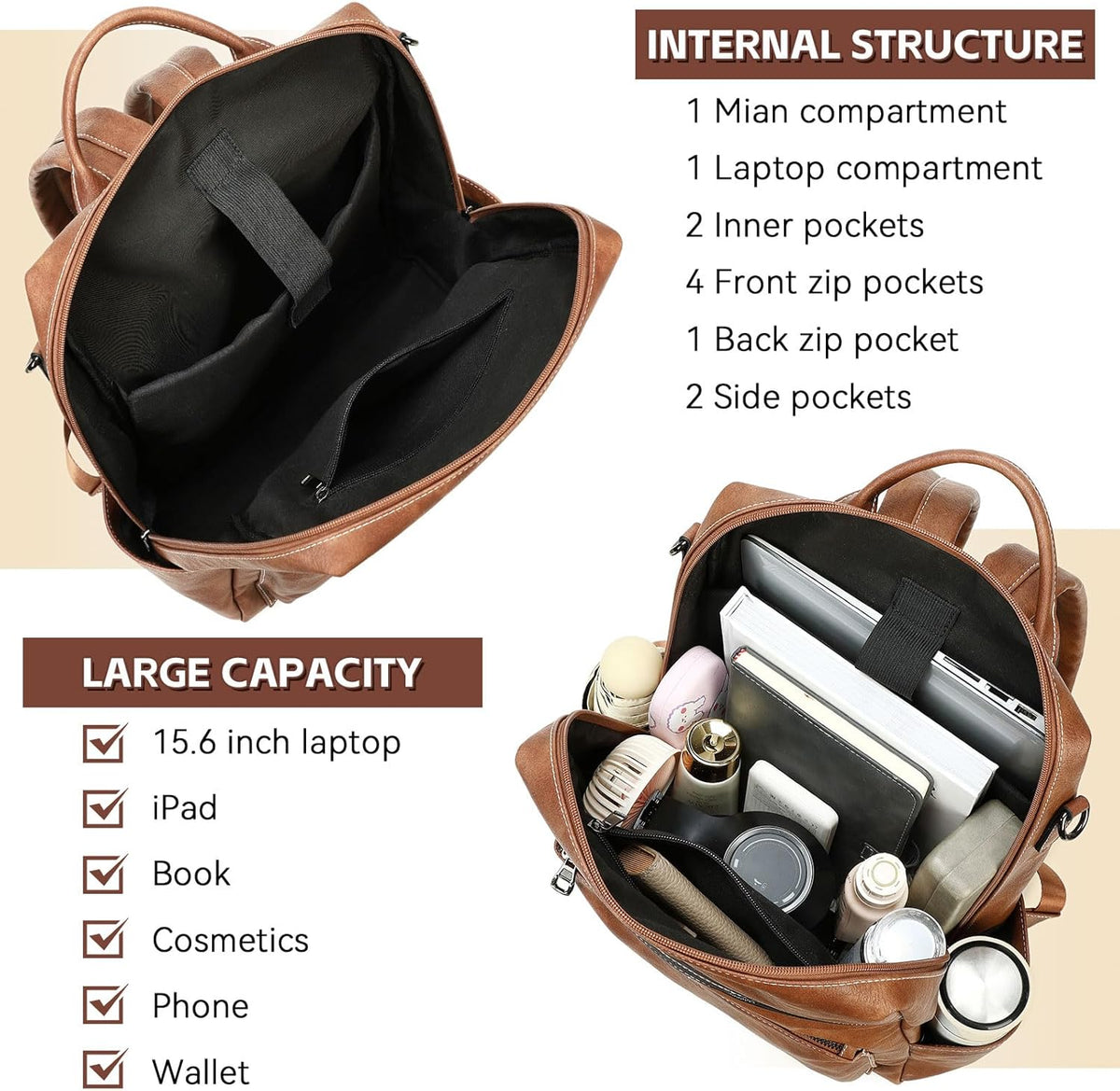 Mochila de cuero vegano AGLOD para laptop para mujer, mochila de 15...