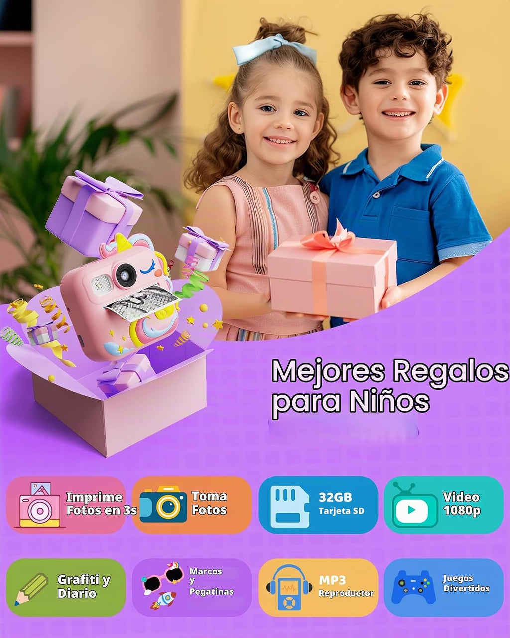 KOKODI Cámara de impresión instantánea para niños, cámaras para niños pequeños, regalos de cumpleaños de Navidad para niñas de 3 a 12 años, cámara de video digital imprimible instantánea para niños, juguetes para niñas de 5 a 7 años (rosa)