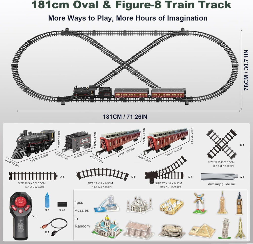 Juego de tren eléctrico con control remoto para niños, aleación de metal, juguetes de tren de Navidad, locomotora de vapor, vagones de pasajeros, pistas de lujo, luces y sonidos, recargable, regalos