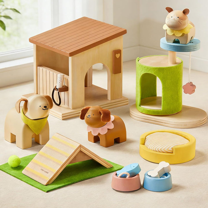 Tiny Land Juego de animales de casa de muñecas de madera para niños...