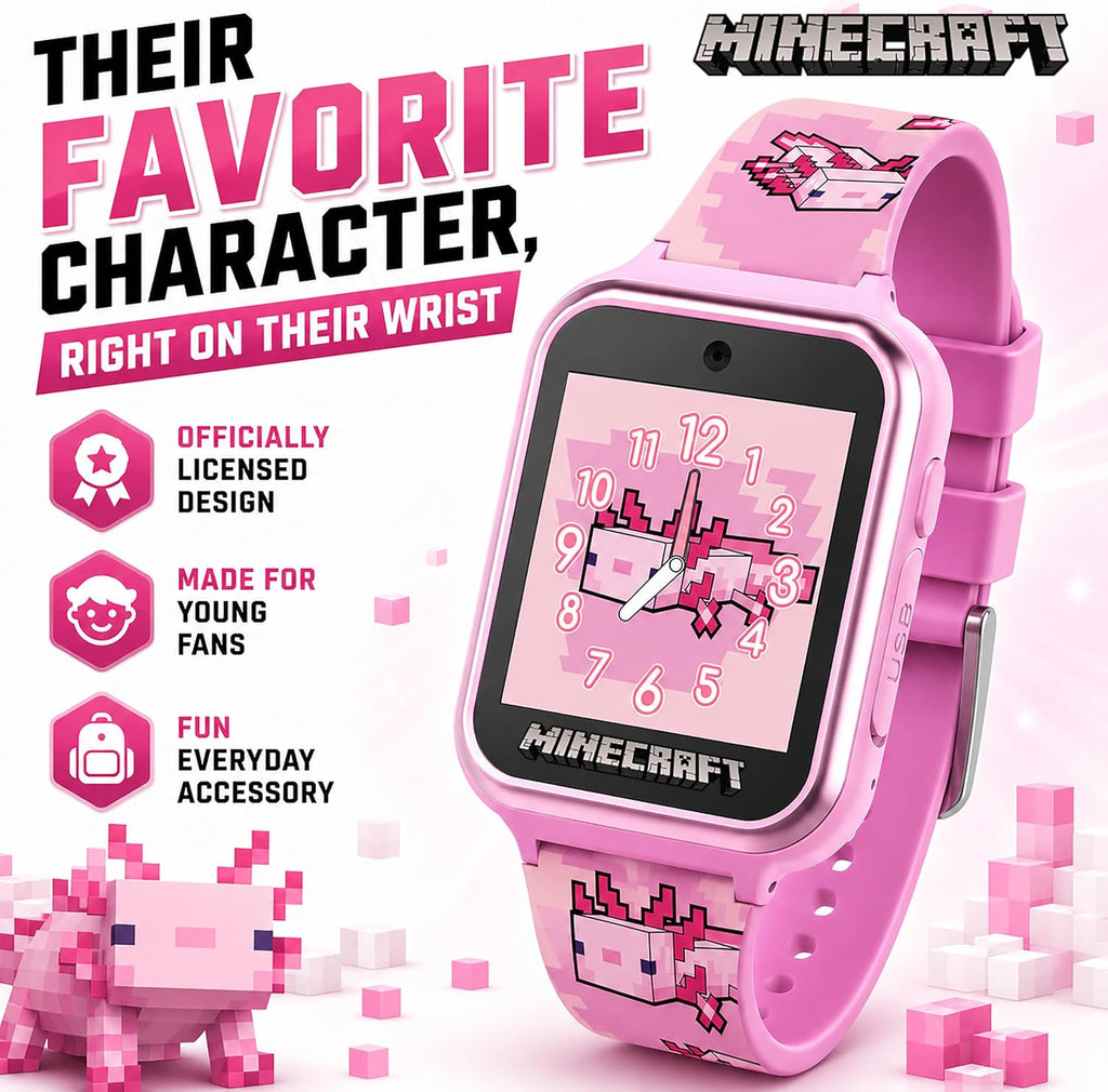 Minecraft - Reloj inteligente para niños, diseño de ajolote rosa, 10 caras de reloj, contador de pasos, cámara selfie, calculadora, juegos, grabadora de voz, alarma y temporizador, correas de silicona