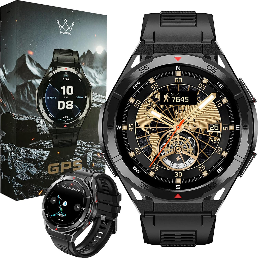 Military GPS Smart Watch: 1.43” AMOLED AOD, GPS integrado, Brújula, Altímetro, Barómetro, Seguimiento de Fitness/Trayectorias, Llamadas BT, 150+ Deportes, IP69K, Asistente de Voz, Larga Batería, Android/iOS