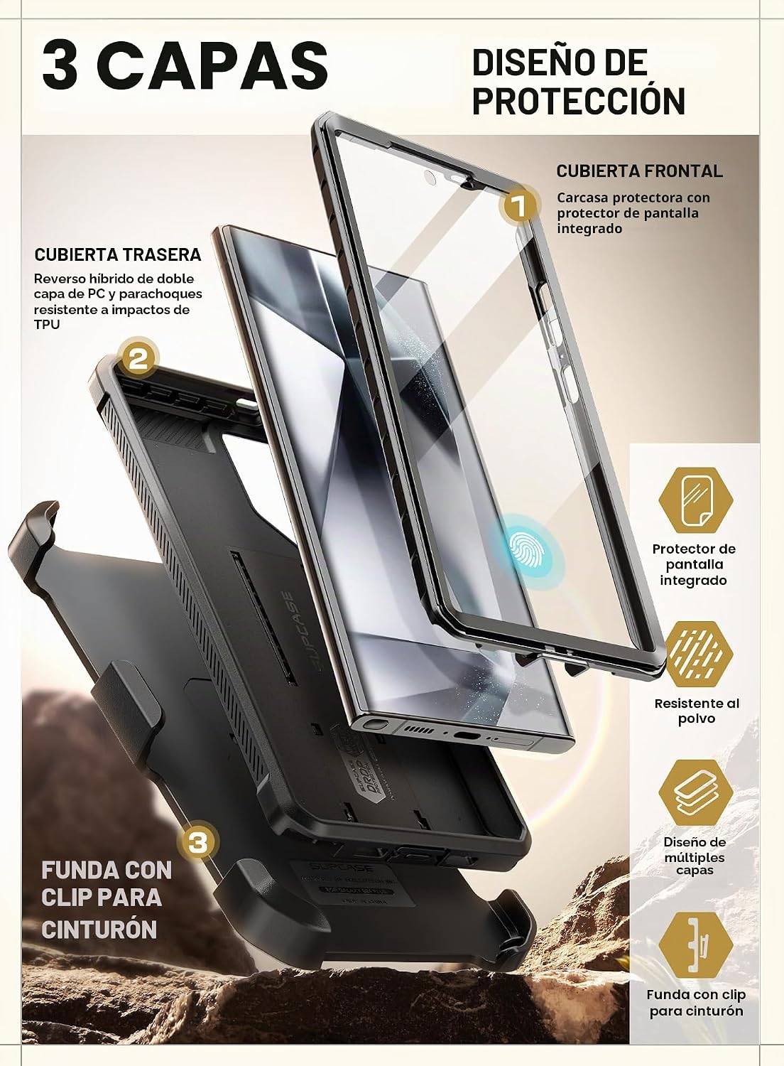 SUPCASE Funda para Samsung Galaxy S24 Ultra con soporte, [Unicorn Beetle Pro] [2 marcos frontales] [Protector de pantalla integrado y clip para cinturón] Funda de protección de grado militar para