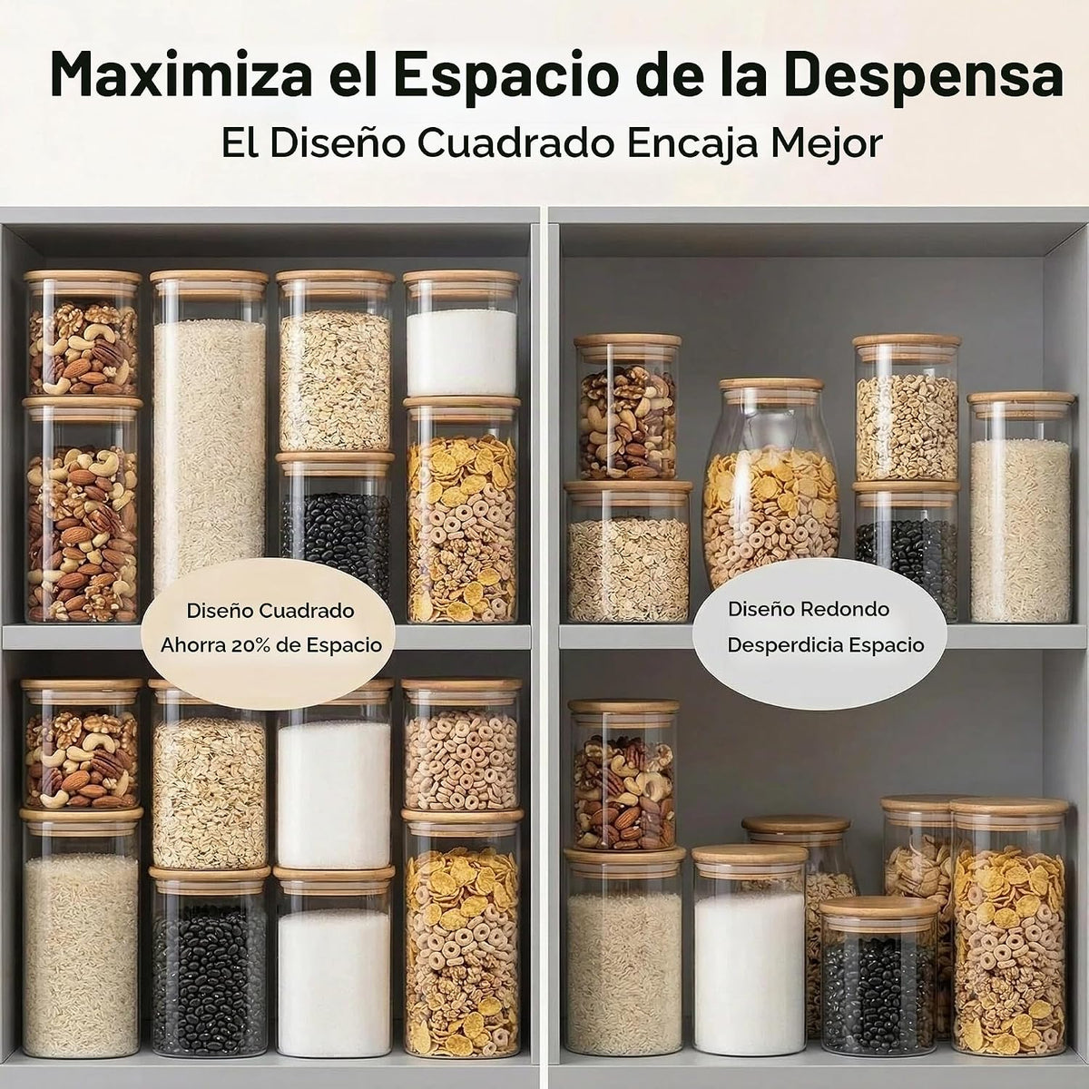 Juego de 6 recipientes herméticos de vidrio con tapas de 25/37/50 onzas con tapas de bambú, juego de recipientes de cocina para organización de despensa, almacenamiento de alimentos para harina