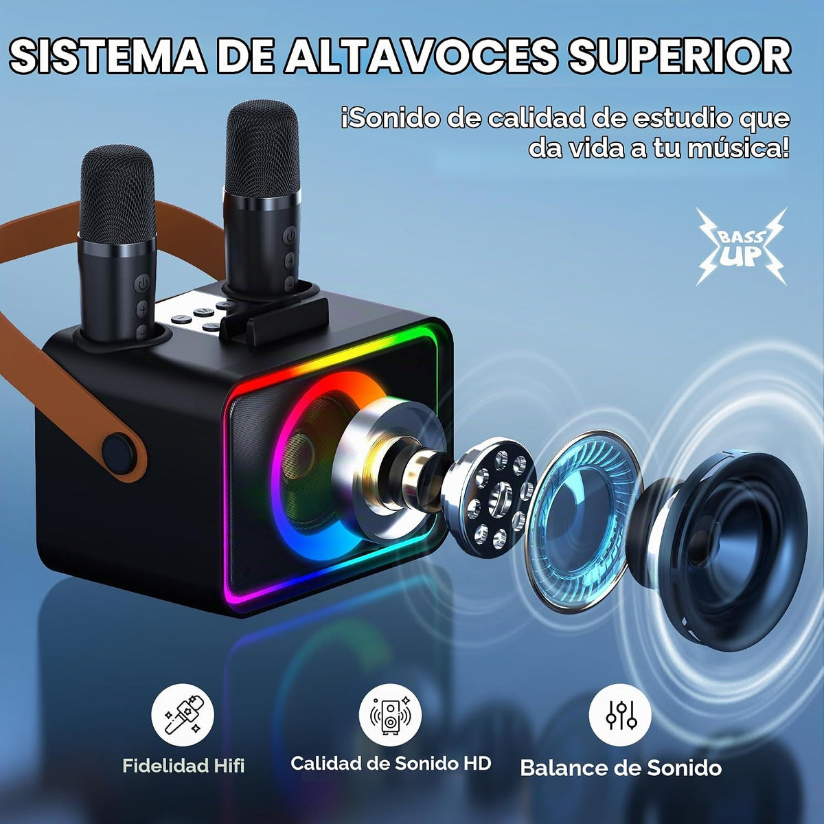 Máquina de karaoke para niños y adultos, altavoz Bluetooth, 2 micrófonos