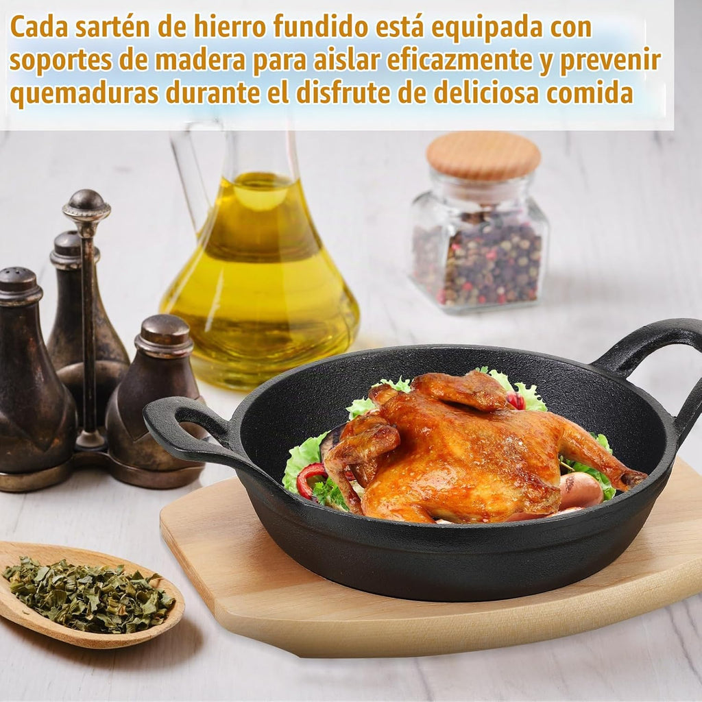 Nuogo - Juego de 6 mini sartenes de hierro fundido con base de madera