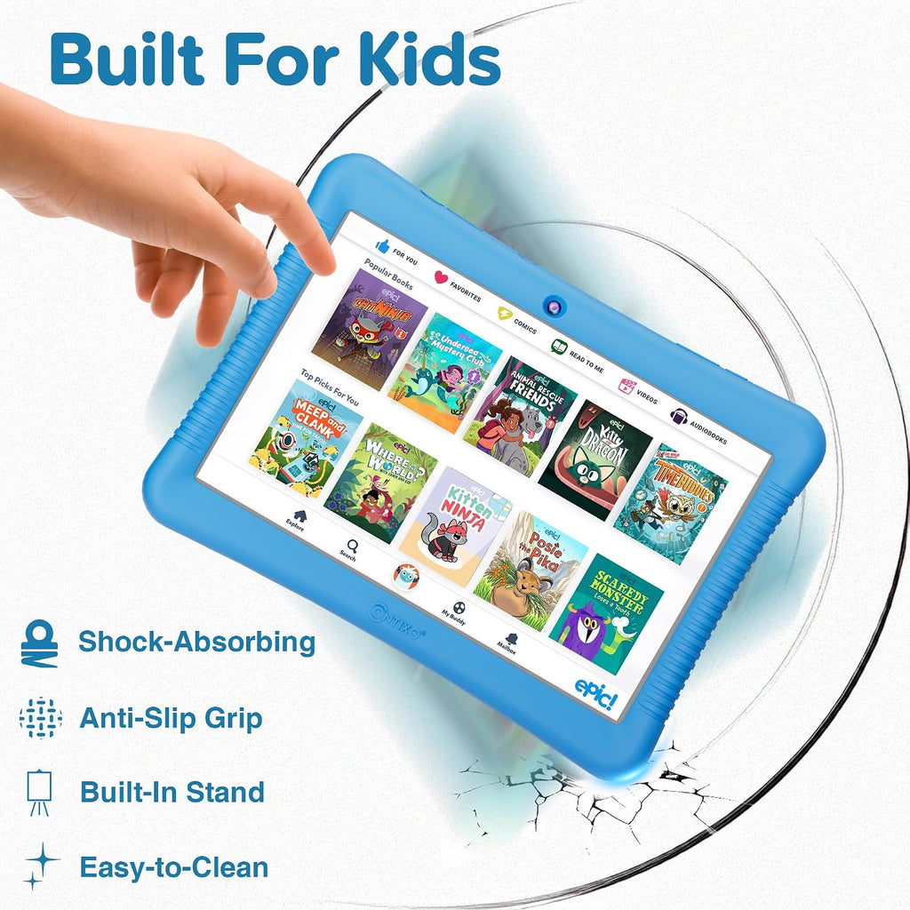 Contixo Paquete de tableta Android Kids de 10 pulgadas, 32 GB, Epic! y aplicaciones educativas LingoKids, controles parentales, funda a prueba de niños con soporte y lápiz capacitivo, auriculares y bolsa de funda, color azul