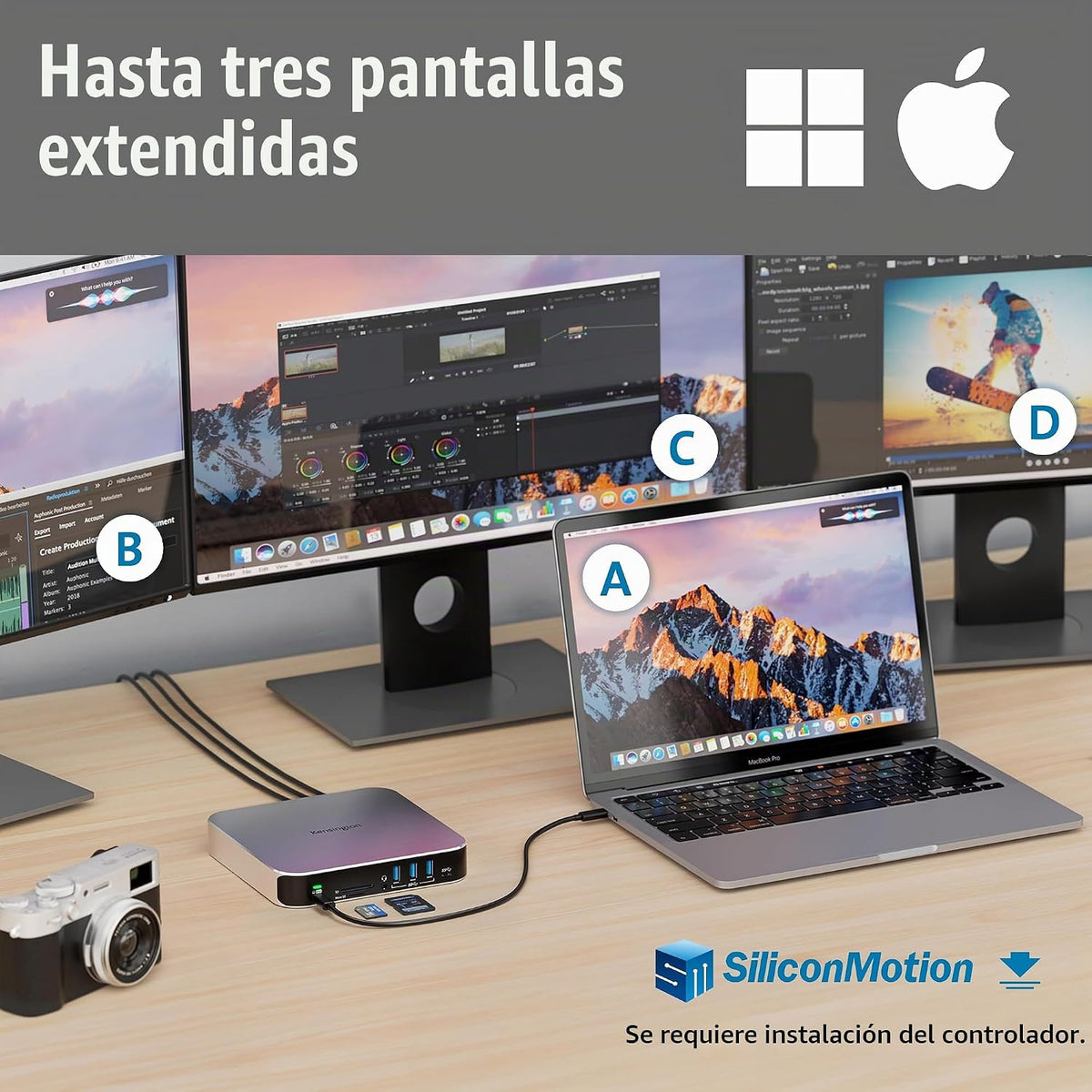 Kensington AD220S3 USB-C Triple Video Mobile Dock K31343WW, Plata