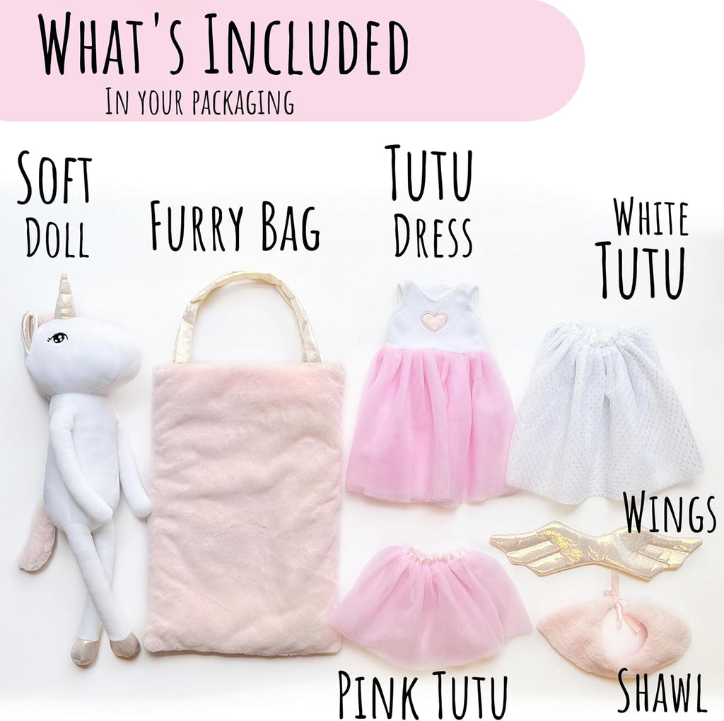 Perfectto Design Muñeca Unicornio Bailarina Animal de Peluche para Niñas - Juego de Muñeca de Juguete de Peluche, Bolsa, Ropa de Tutú, Alas - Juego para Regalo de Niña de 3 4 5 Años para Niña Pequeña