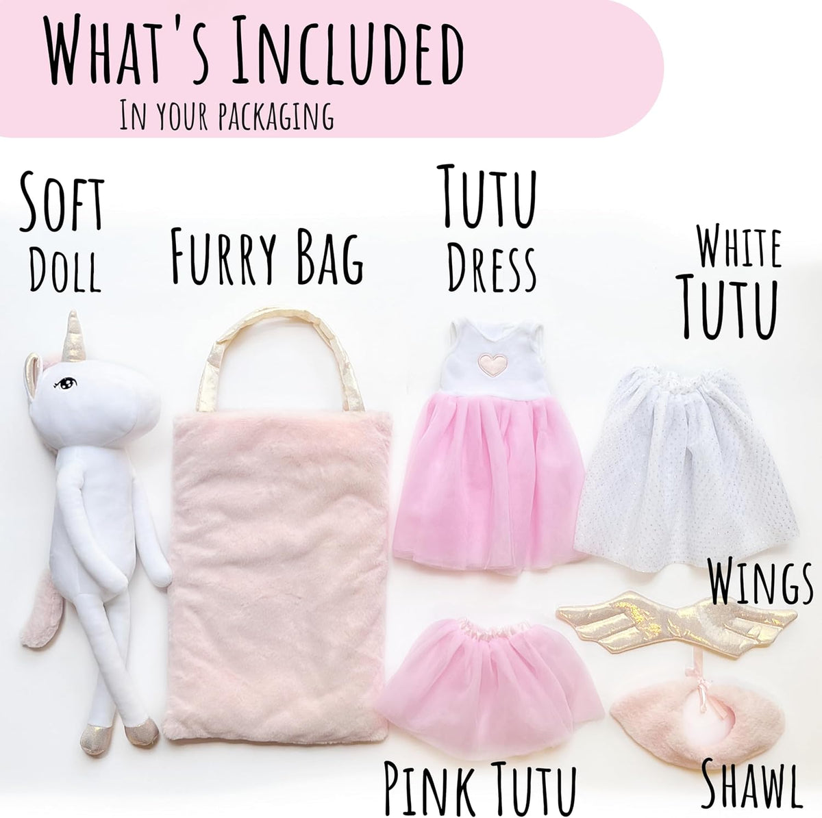 Perfectto Design Muñeca Unicornio Bailarina Animal de Peluche para Niñas - Juego de Muñeca de Juguete de Peluche, Bolsa, Ropa de Tutú, Alas - Juego para Regalo de Niña de 3 4 5 Años para Niña Pequeña