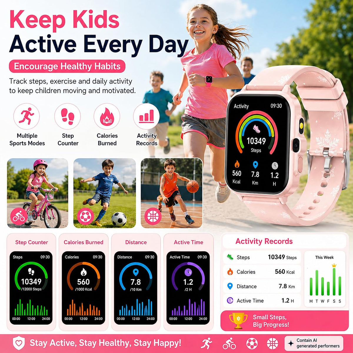 Reloj inteligente para niños de 5 a 12 años, juegos de funciones Ai con pantalla táctil HD, con cámara de video, reproductor de música, podómetro, ritmo cardíaco, rastreador de sueño, regalos de Navidad y cumpleaños para niñas (rosa, 1.85 pulgadas)