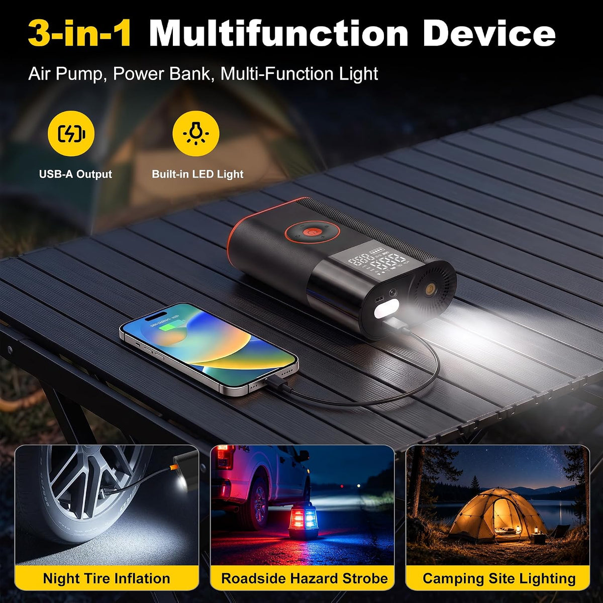 Inflador de neumáticos, compresor de aire portátil, 25 cilindros 100 W, inflado rápido, batería de 7800 mAh y bomba de aire inalámbrica de doble potencia de 12 V CC con doble calibre digital para