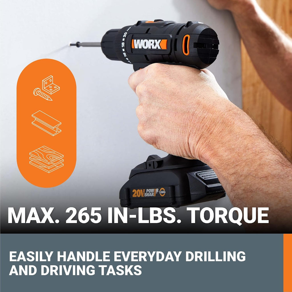 Worx Taladro Atornillador Inalámbrico de 20V, Kit de Accesorios de 84 Piezas, 2 Velocidades Variables, Par de 265 In-Lbs, Embrague 20+1, Ligero, Compacto, Portabrocas sin Llave de 3/8 Pulgadas