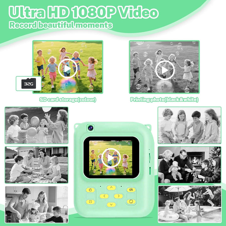 Cámara de impresión instantánea para niños, cámara de video 1080P c...
