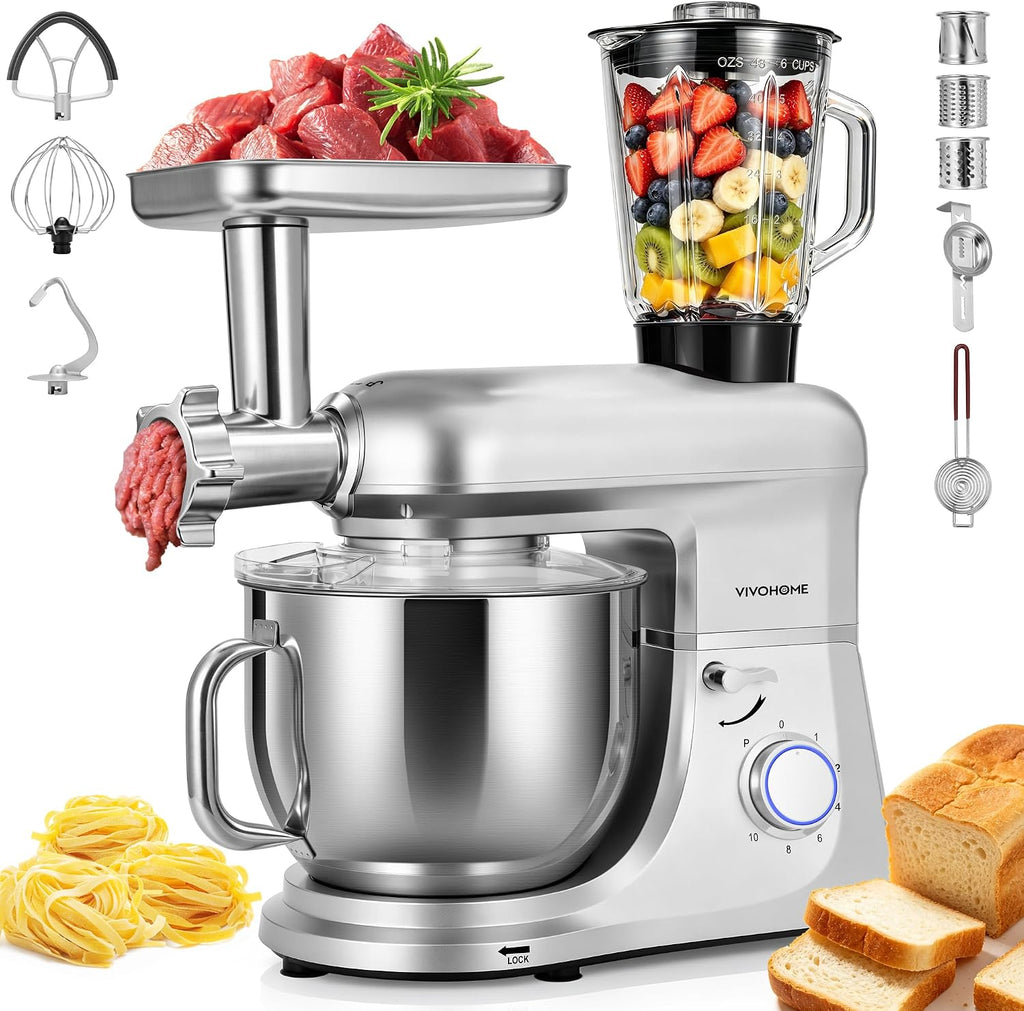 VIVOHOME - Batidora de pie 6 en 1, batidora de cabeza inclinable de 8.5