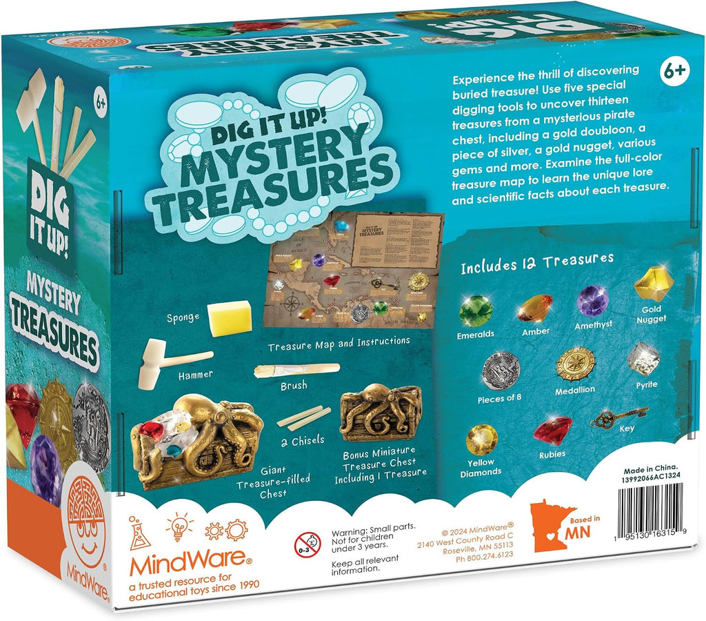 MindWare Dig It Up Discoveries - Cofre del tesoro misterioso pirata para niños, proyecto gigante de descubrimiento para niños - Excava 13 tesoros - Incluye una excavación adicional, 2 cinceles y 1