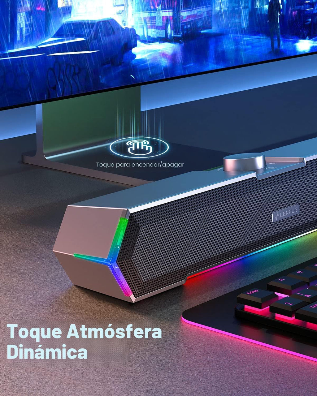 LENRUE G11 - Altavoces para computadora de escritorio, luces táctiles, altavoces de PC con sonido claro de sobretensión, alimentado por USB C/USB, audio auxiliar para computadora, escritorio