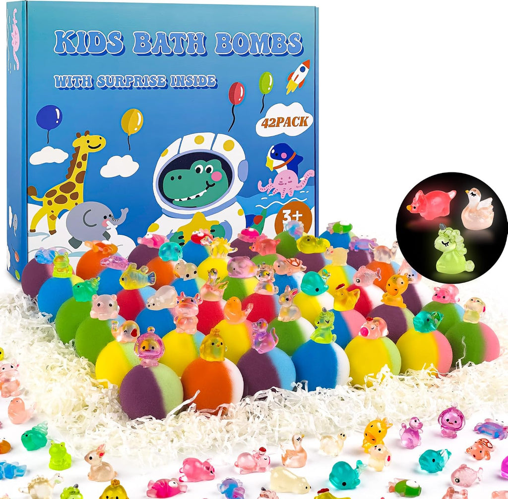 Bombas de baño para niños con juguete sorpresa en el interior, paquete de 42 bombas de baño para niños con 34 juguetes que brillan en la oscuridad y 8 juguetes de animales marinos en el interior, burbujas orgánicas para niños y niñas.