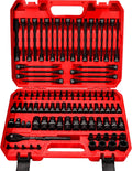 Juego de llaves de vaso Torx y Allen de 112 piezas, 1/4 pulgadas, 3/8 pulgadas, 1/2 pulgadas con llave de trinquete de liberación rápida, adaptadores, torx extra largo/torx a prueba de manipulaciones/hexagonal/extremo de bola hexagonal/E-Trox