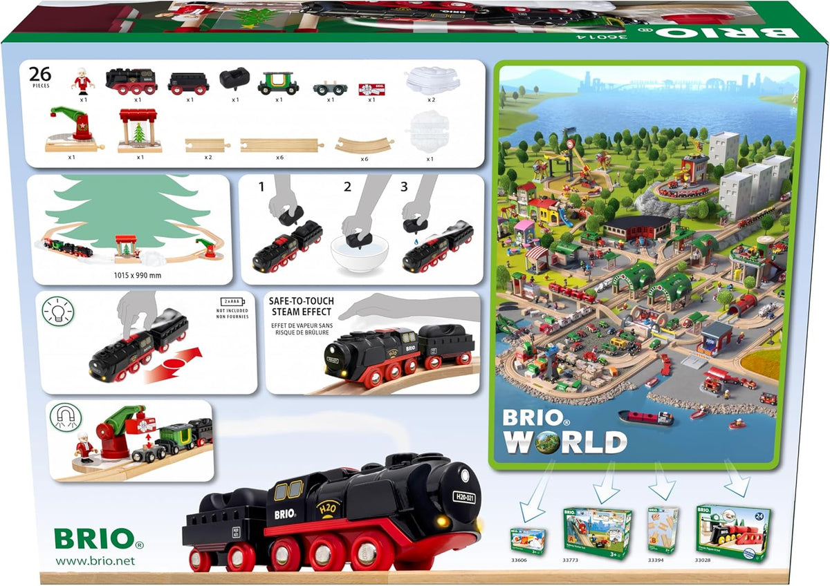 BRIO World - Tren de Vapor Navideño - Tren Operado a Batería - Motor de Vapor Motorizado de 27 Piezas para Pista de Madera con Luces y Vapor Apto para Niños - Juego Interactivo con Adelante/Atrás