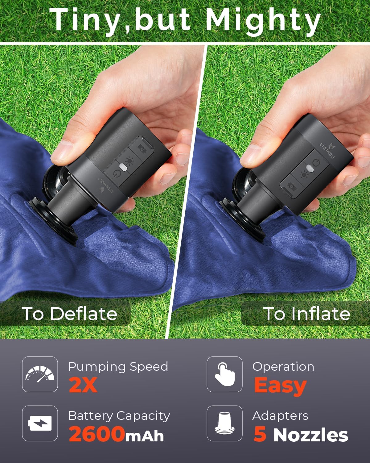 ETENWOLF AIR 3 Bomba de aire para inflables con batería de 2600 mAh y luz de campamento, bomba de aire eléctrica ultrarrápida y mini, desinfla para colchón de aire, flotadores de piscina, bolsas de