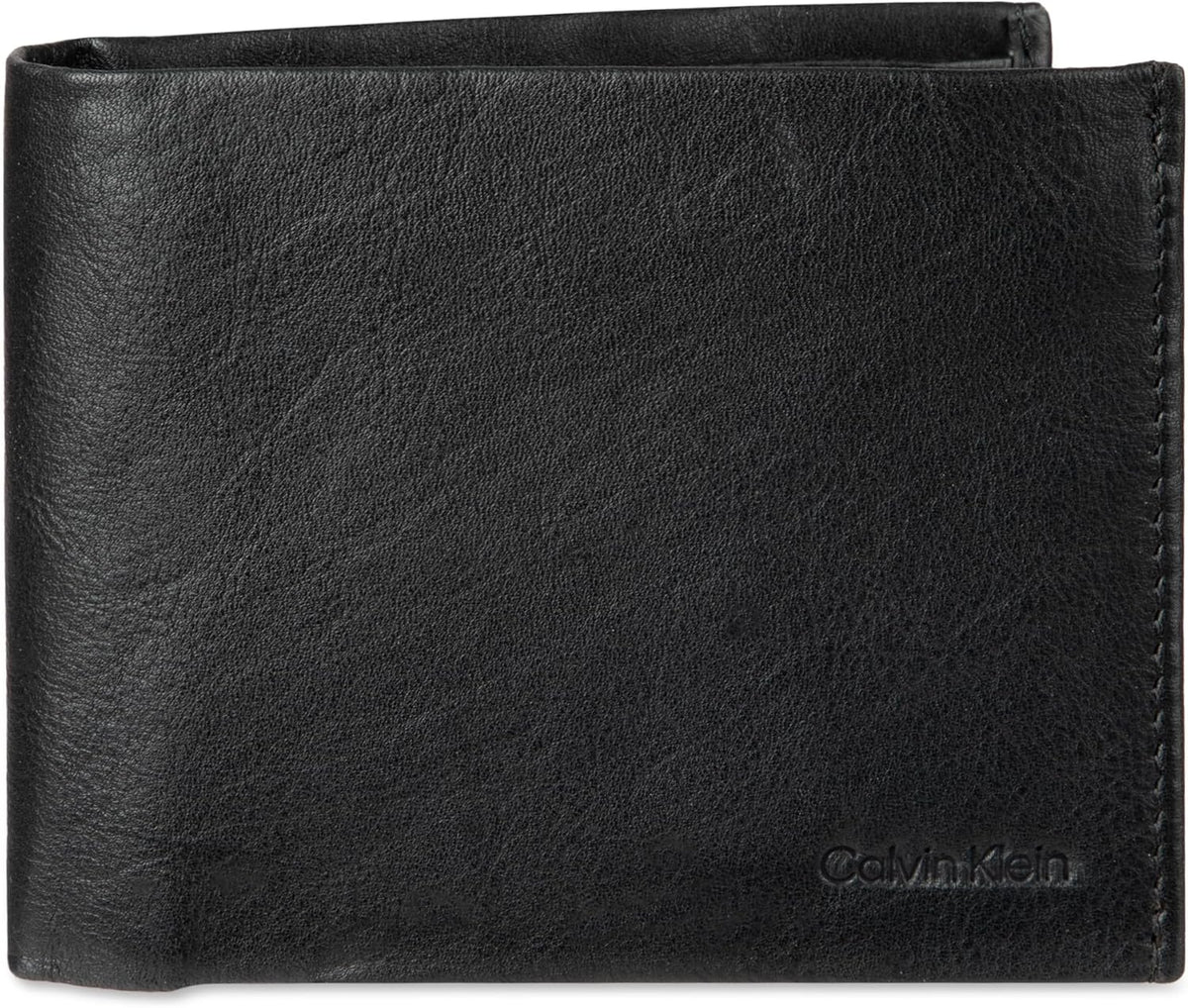 Calvin Klein Billetera plegable minimalista de cuero RFID para hombre con ventana, Negro Passcase