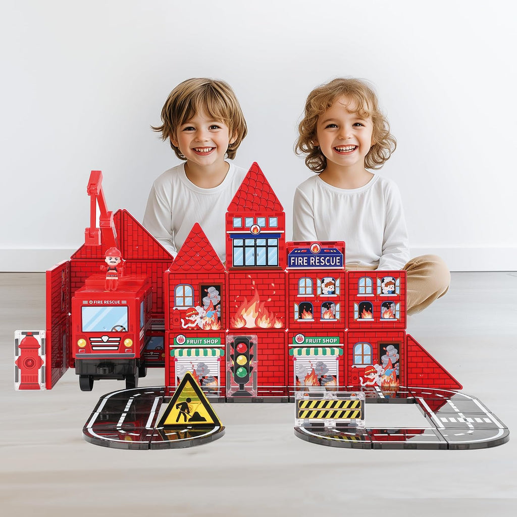 MEGAGONTILES Juego de 60 azulejos magnéticos para estación de bomberos | Bloques de construcción magnéticos STEM con camiones de bomberos y grúas | Juguete educativo de construcción para niños de 3 a 8 años | Compatible con todas las marcas de azulejos
