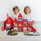 MEGAGONTILES Juego de 60 azulejos magnéticos para estación de bomberos | Bloques de construcción magnéticos STEM con camiones de bomberos y grúas | Juguete educativo de construcción para niños de 3 a 8 años | Compatible con todas las marcas de azulejos