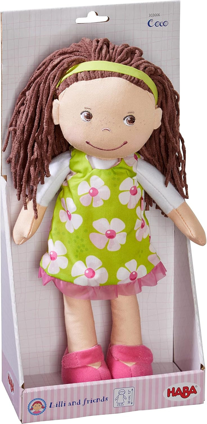 HABA Coco - Muñeca de bebé suave de 12 pulgadas con pelo castaño, c...