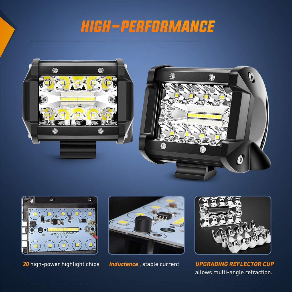 Nilight 2 piezas de 4 pulgadas, luces de triple fila, 60 W, combo de punto de inundación, 6000 lúmenes, barras para conducir, botes, camionetas todoterreno con 2 piezas de base magnética, barras de