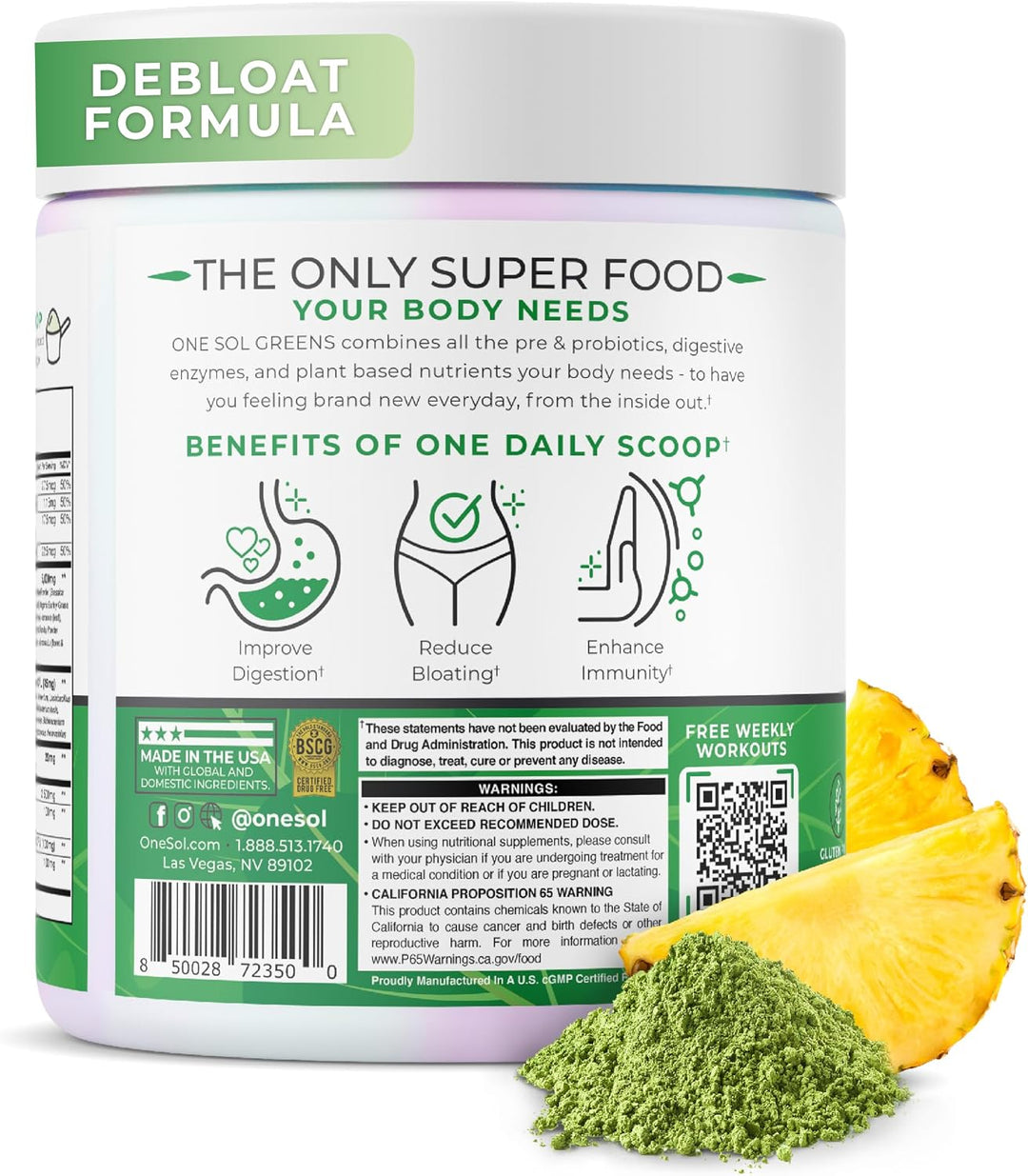 One Sol Greens, Super Greens Polvo para reducir la hinchazón y mejo...