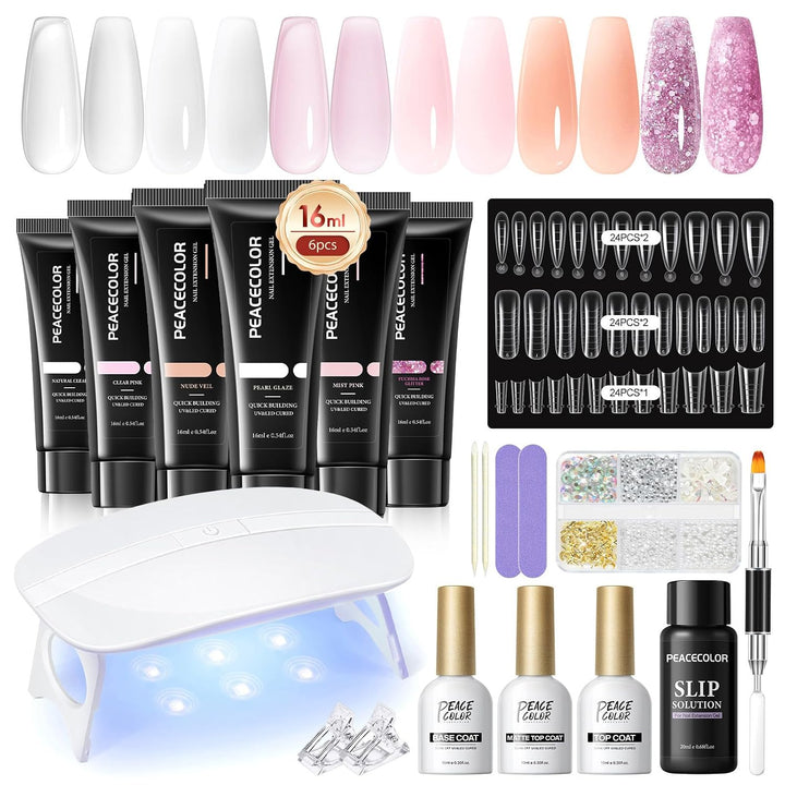 PEACECOLOR - Kit de inicio de gel de uñas de poly con lámpara de uñ...