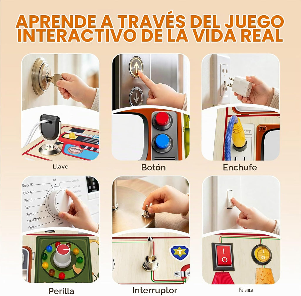 JAUNTY Montessori Tablero Ocupado de Madera para Niños Pequeños de 3 4 5 Años, Juguetes Sensoriales de Madera para Niños Pequeños con Interruptores de Luz LED, TV Radio Teléfono y Conducción de