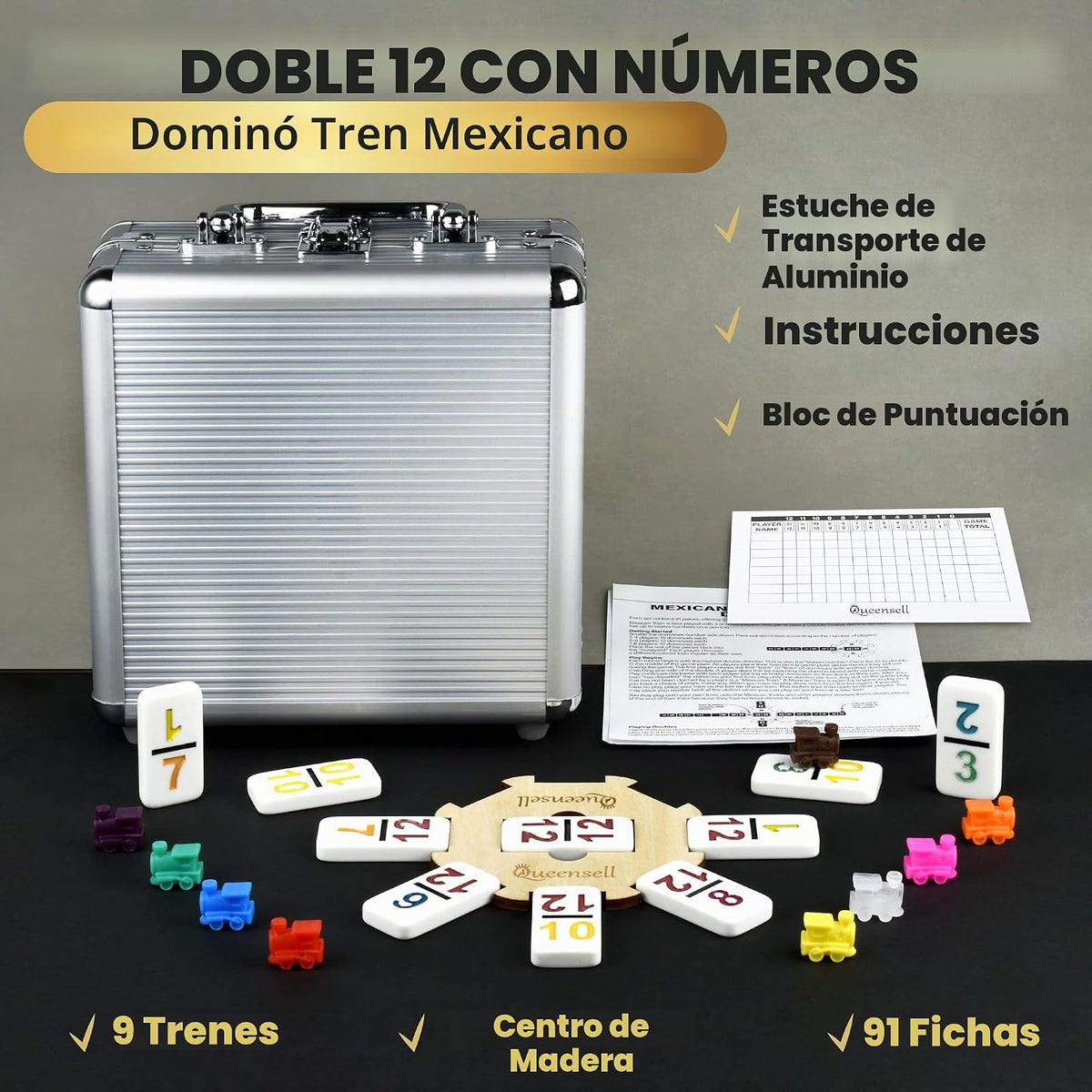 Queensell Mexican Train Dominoes Set con Numbers, Double 12 Dominoes para Adultos, Mexican Domino Train para Adults y Family - Juego de Dominoes 91 Fichas con Estuche de Aluminio