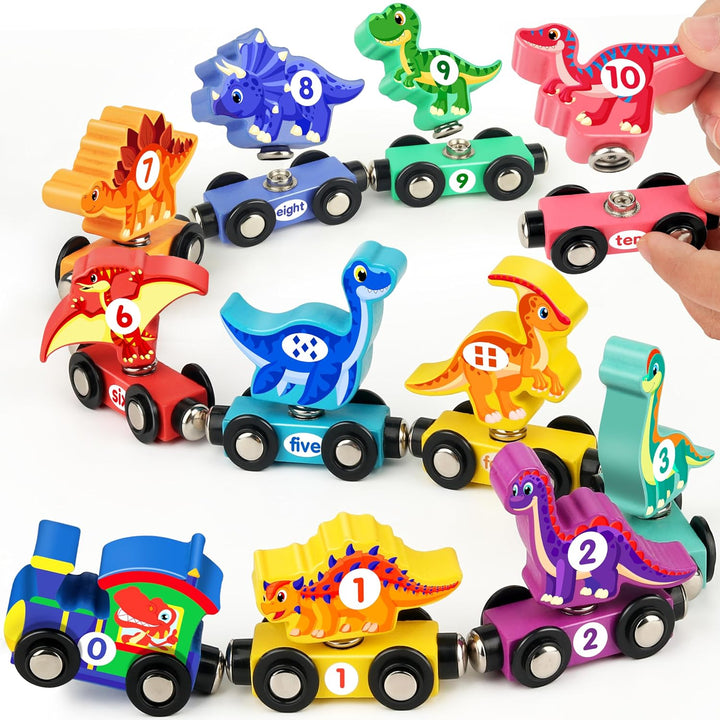 Vanmor Juego de tren de dinosaurio de madera para niños pequeños, j...