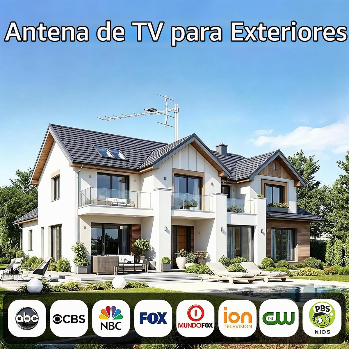 Antena de TV al aire libre para Smart TV, antena de TV inteligente de largo alcance al aire libre, compatible con 4K 1080P HD VHF UHF, resistente a la intemperie y recepción de largo alcance con cable