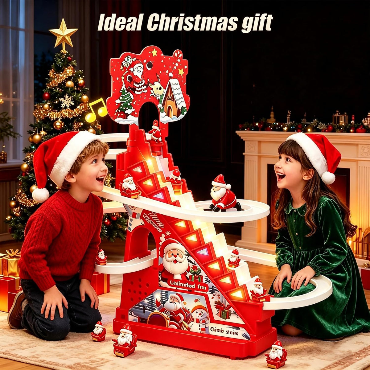 Juego de juguetes de escalada de Papá Noel, juguetes eléctricos de escalada con diapositivas para jugar juego de carreras de Papá Noel, juguetes de escalada con luz LED, música y 9 figuras para niños