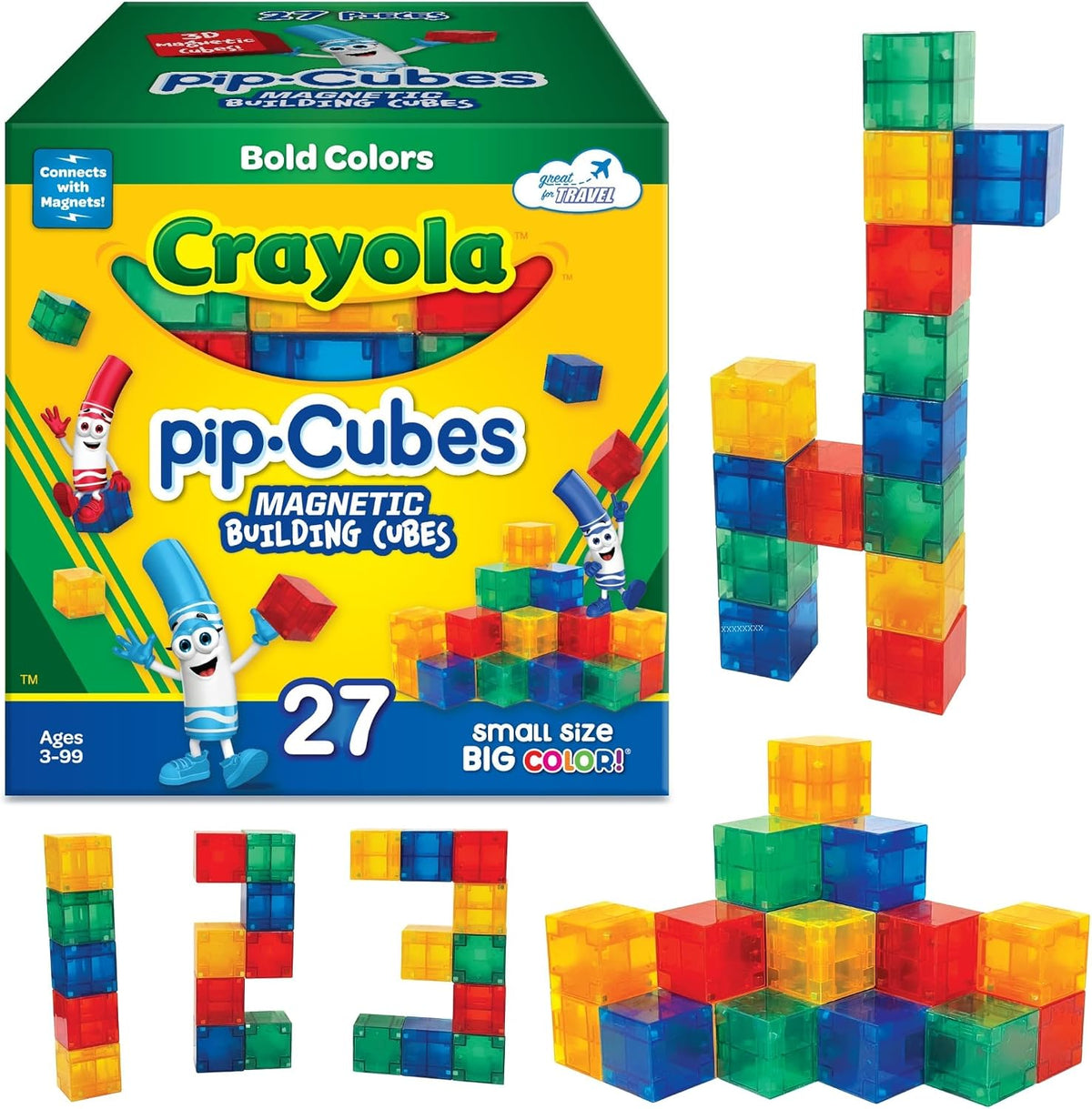 Crayola - Cubos magnéticos PIP atrevidos, juego de bloques magnéticos pequeños, juguetes educativos y de construcción STEM y Montessori para niños, juguetes de viaje para niños y niñas a partir de 3 años, juego de 27 piezas