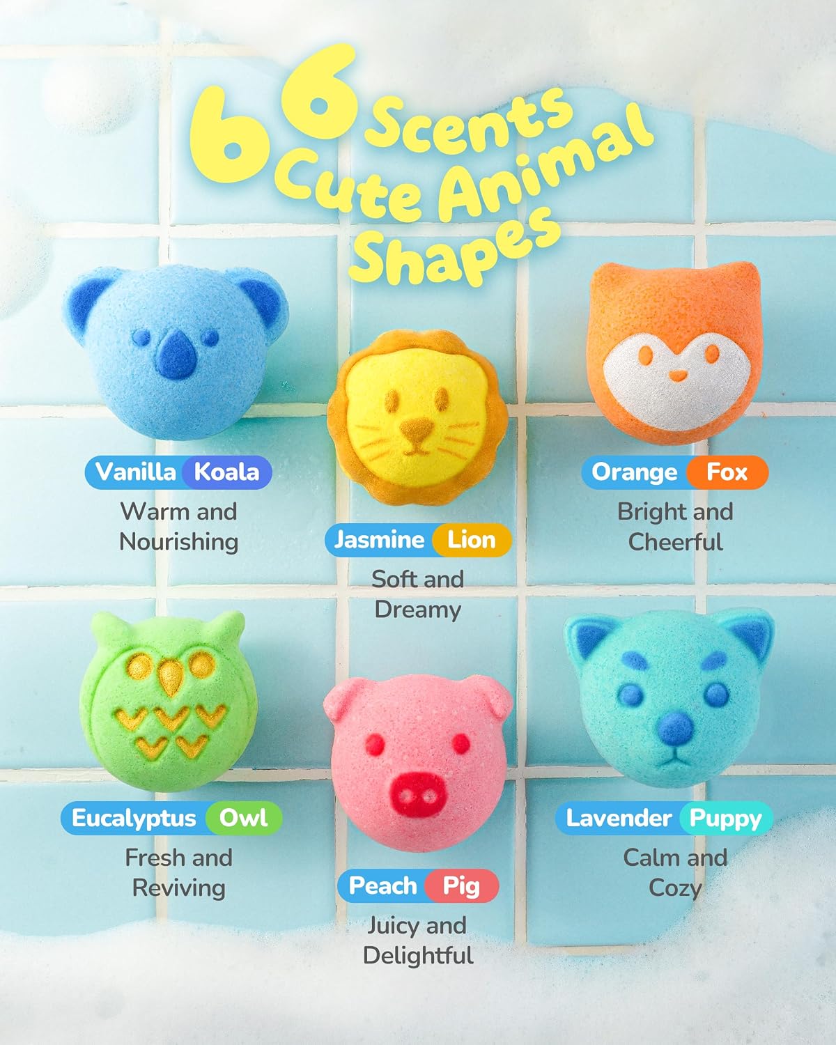 Paquete de 18 bombas de baño en forma de animal para niños con sorpresa en el interior, 6 bonitos diseños de animales, aceites esenciales orgánicos y fórmula segura para niños
