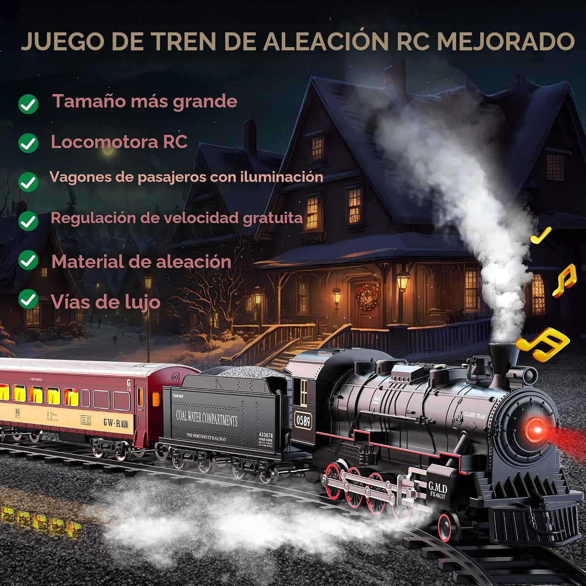 Hot Bee RC Train Set, Alloy Steam Locomotive con Light-Up Cars y Tracks