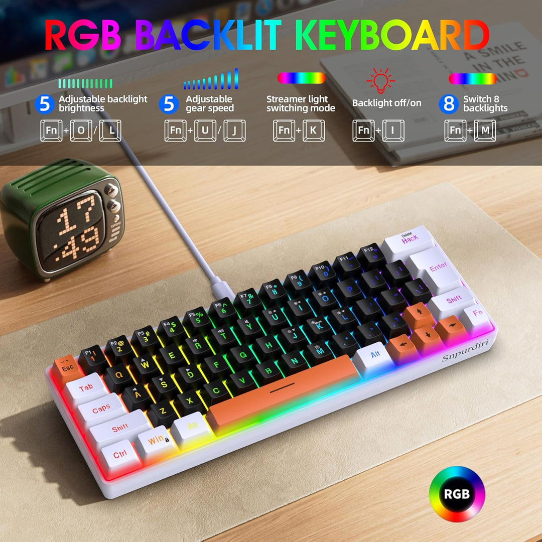 Snpurdiri 60 Percent Wired Gaming Keyboard, 63 Keys RGB Backlit Sma...