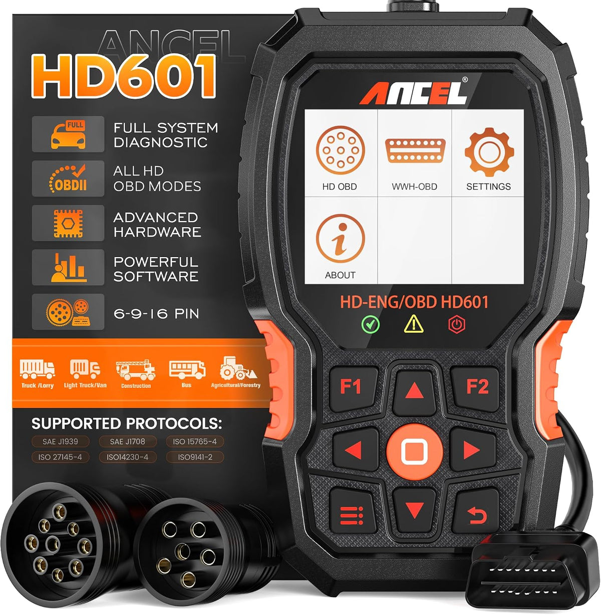 ANCEL Escáner de Camión Resistente HD601 Herramienta de Diagnóstico de Sistema Completo para Diésel Compatible con Cummins, Detroit, Freightliner, International, Paccar, Lector de Código 2 en 1 para