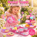 Juego de fiesta de té para niños de 3 a 5 años, PRE-WORLD juego de té musical para niñas pequeñas con postres, galletas, donas, pastel, soporte para pastel, mantel y estuche de transporte, juguetes de