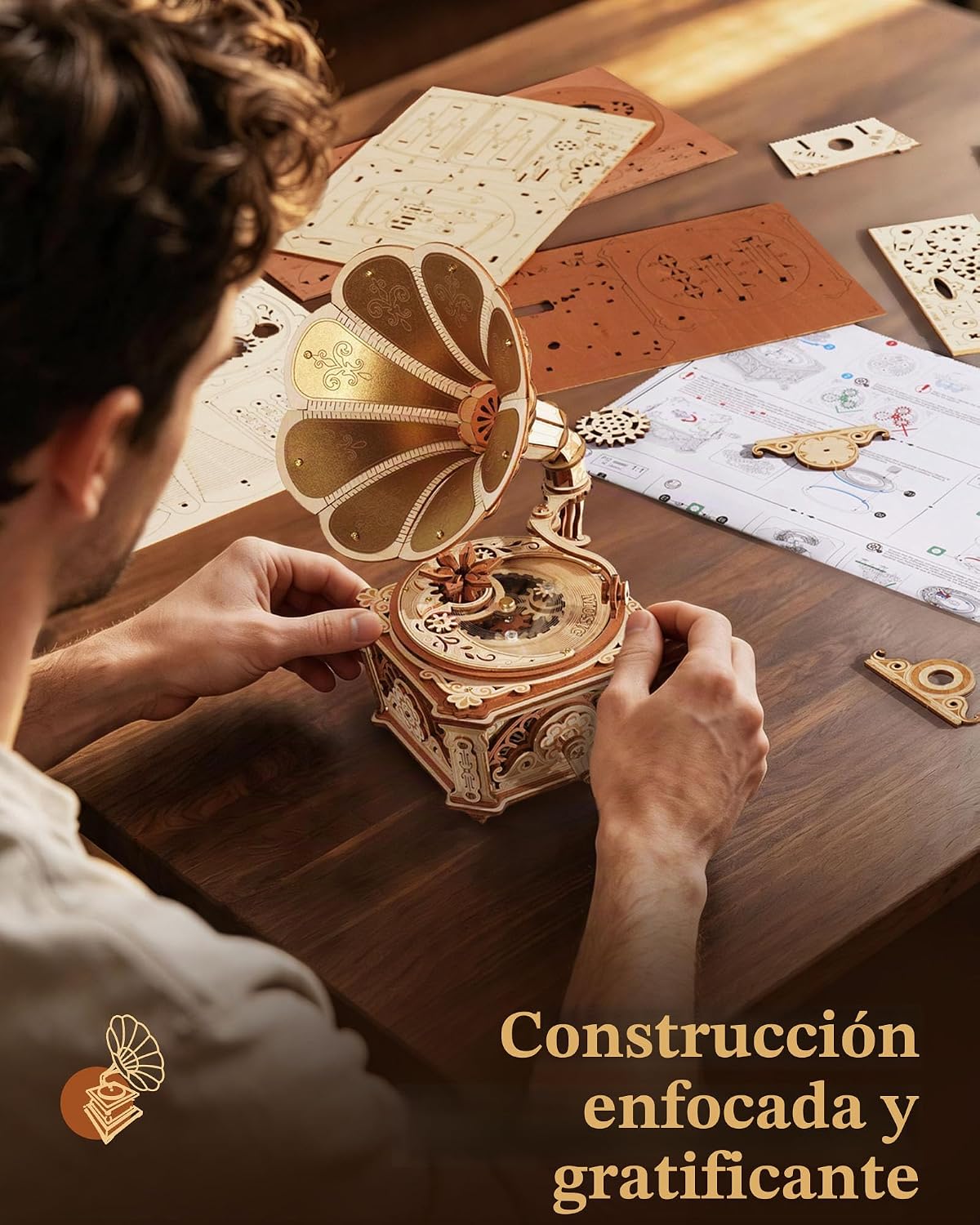 ROKR Rompecabezas de madera 3D para adultos, caja de música con fonógrafo de Diva Kit de modelo mecánico para construir, rompecabezas de fonógrafo de madera, decoración del hogar, manualidades