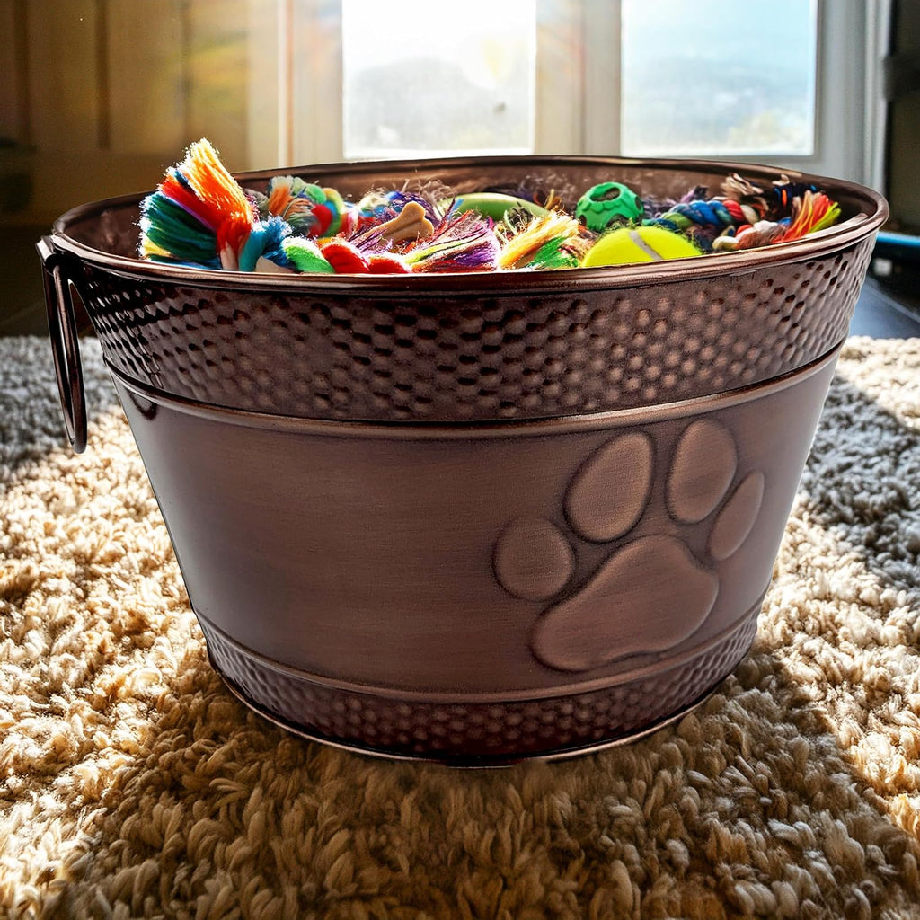 BREKX Cubo de juguetes de metal indestructible para perros, contenedor de