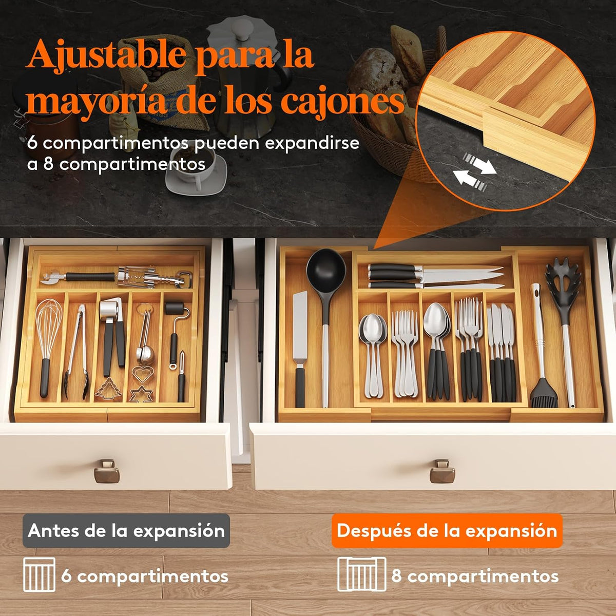 Lifewit - Organizador de cajones de cocina de bambú, bandeja para